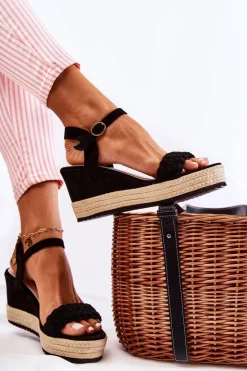 Damskie Boto Zamszowe Sandały Na Koturnie Czarne Gabriela