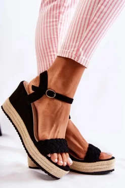 Damskie Boto Zamszowe Sandały Na Koturnie Czarne Gabriela