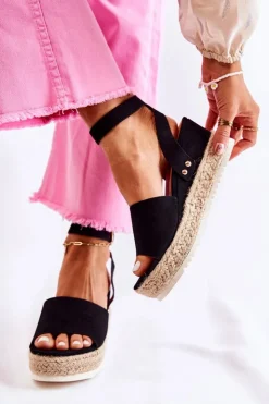 Damskie Boto Zamszowe Sandały Na Koturnie Czarne Lizbona