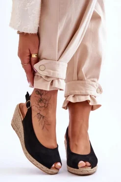 Hot Boto Zamszowe Sandały Na Koturnie Czarne Elsie