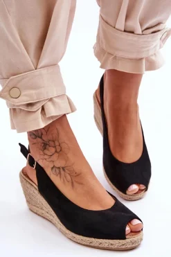 Hot Boto Zamszowe Sandały Na Koturnie Czarne Elsie