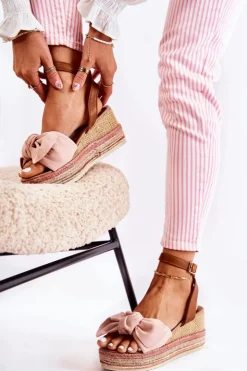 Damskie Boto Zamszowe Sandały Na Koturnie Różowe Natina