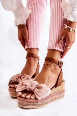 Damskie Boto Zamszowe Sandały Na Koturnie Różowe Natina