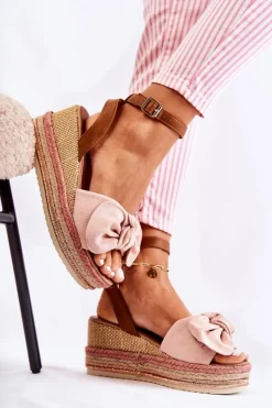 Damskie Boto Zamszowe Sandały Na Koturnie Różowe Natina