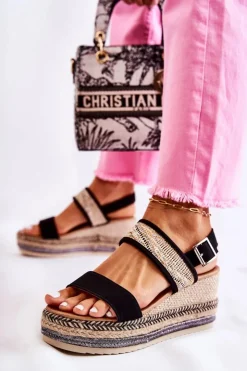 Clearance Boto Zamszowe Sandały Na Koturnie Czarne Annabel