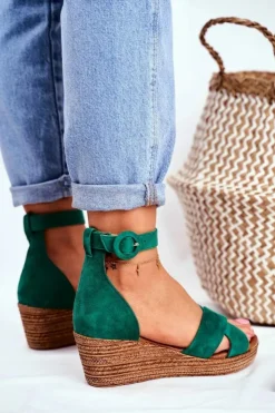 Damskie Maciejka Zamszowe Sandały Na Koturnie 04565-09 Zielone