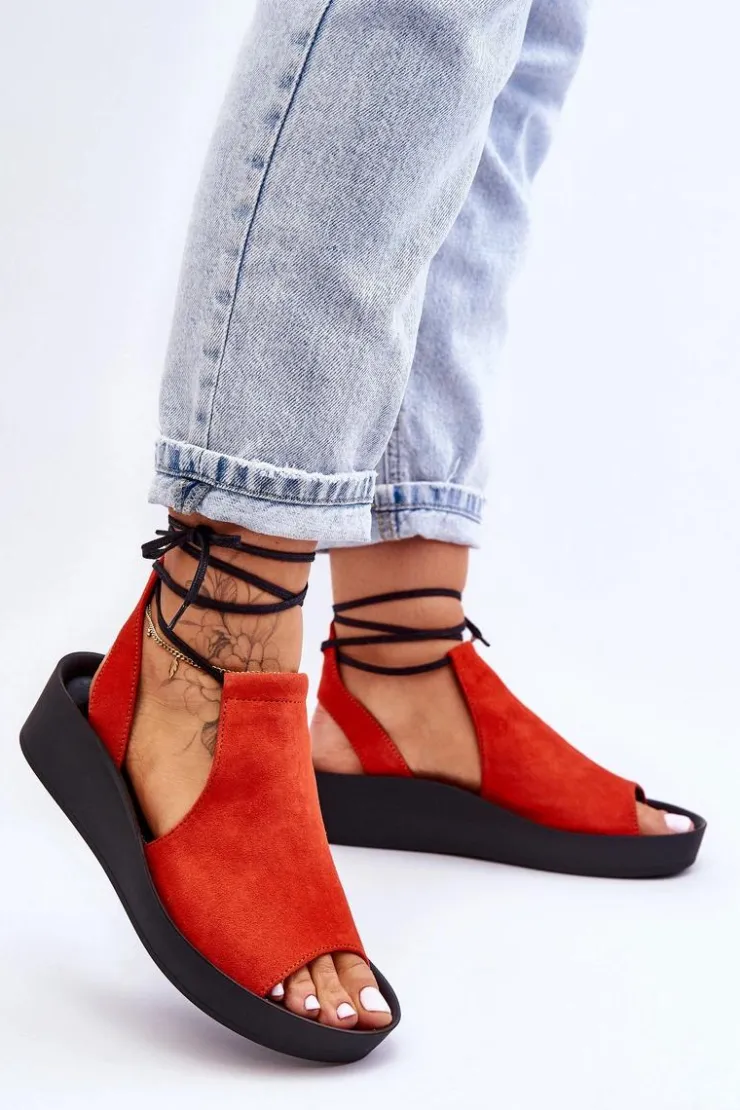 Zazoo Zamszowe Sandały Na Koturnie 2743 Pomarańczowe Pomarańczowy