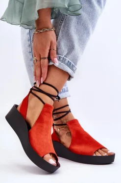 Zazoo Zamszowe Sandały Na Koturnie 2743 Pomarańczowe Pomarańczowy