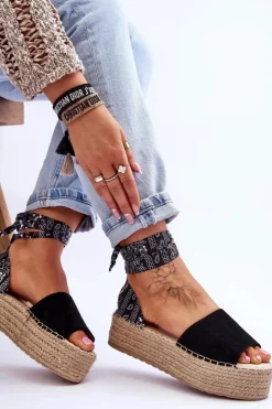 Damskie Boto Zamszowe Sandały Na Koturnie Czarne Livia