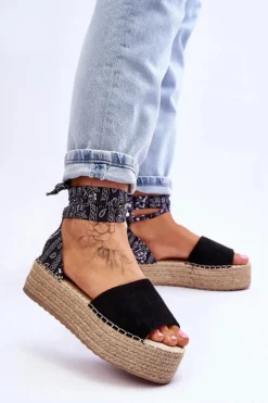 Damskie Boto Zamszowe Sandały Na Koturnie Czarne Livia