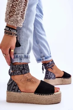 Damskie Boto Zamszowe Sandały Na Koturnie Czarne Livia