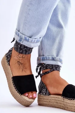 Damskie Boto Zamszowe Sandały Na Koturnie Czarne Livia