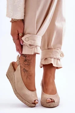 Damskie Boto Zamszowe Sandały Na Koturnie Beżowe Elsie