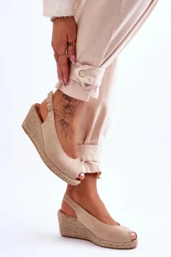 Damskie Boto Zamszowe Sandały Na Koturnie Beżowe Elsie