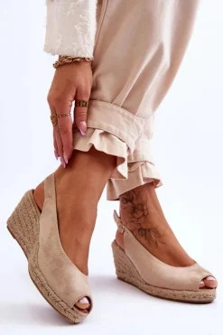 Damskie Boto Zamszowe Sandały Na Koturnie Beżowe Elsie