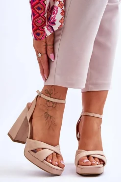 Outlet Boto Zamszowe Sandały Na Kwadratowym Obcasie Beżowe Powerful