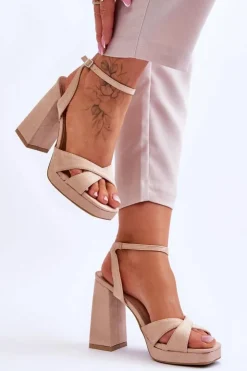 Outlet Boto Zamszowe Sandały Na Kwadratowym Obcasie Beżowe Powerful