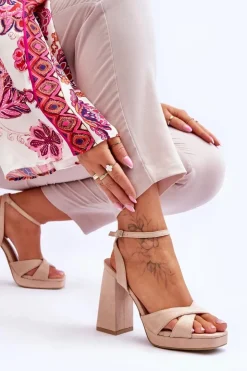 Outlet Boto Zamszowe Sandały Na Kwadratowym Obcasie Beżowe Powerful