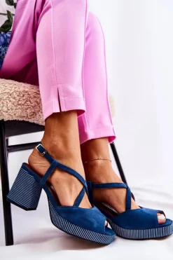 Damskie Maciejka Zamszowe Sandały Na Masywnym Obcasie 05543-17 Granatowe
