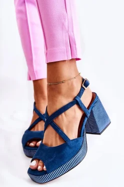 Damskie Maciejka Zamszowe Sandały Na Masywnym Obcasie 05543-17 Granatowe