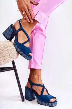 Damskie Maciejka Zamszowe Sandały Na Masywnym Obcasie 05543-17 Granatowe