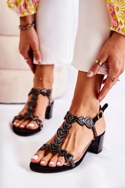 Damskie buty S.Barski Sandały Na Obcasie*Zamszowe Sandały Na Niskim Obcasie Czarne Wonderland