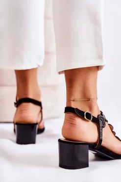 Damskie buty S.Barski Sandały Na Obcasie*Zamszowe Sandały Na Niskim Obcasie Czarne Wonderland