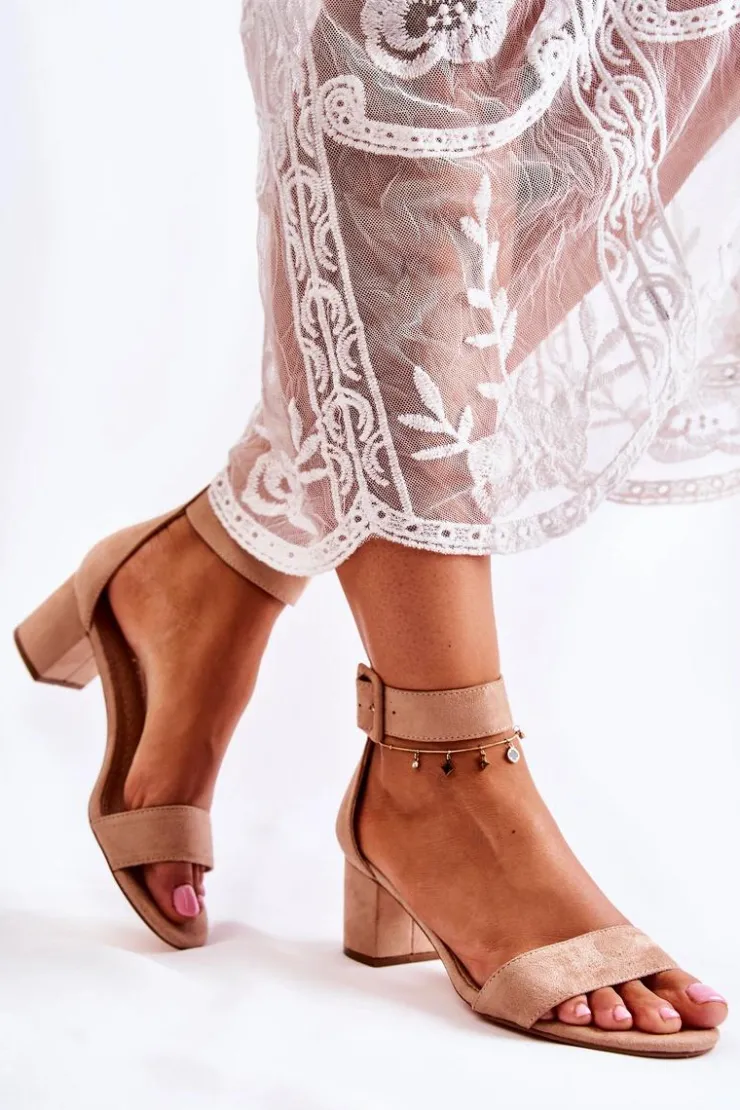 Damskie buty S.Barski Sandały Na Obcasie*Zamszowe Sandały Na Niskim Słupku Beżowe Graciell