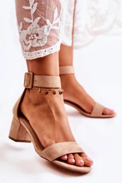 Damskie buty S.Barski Sandały Na Obcasie*Zamszowe Sandały Na Niskim Słupku Beżowe Graciell