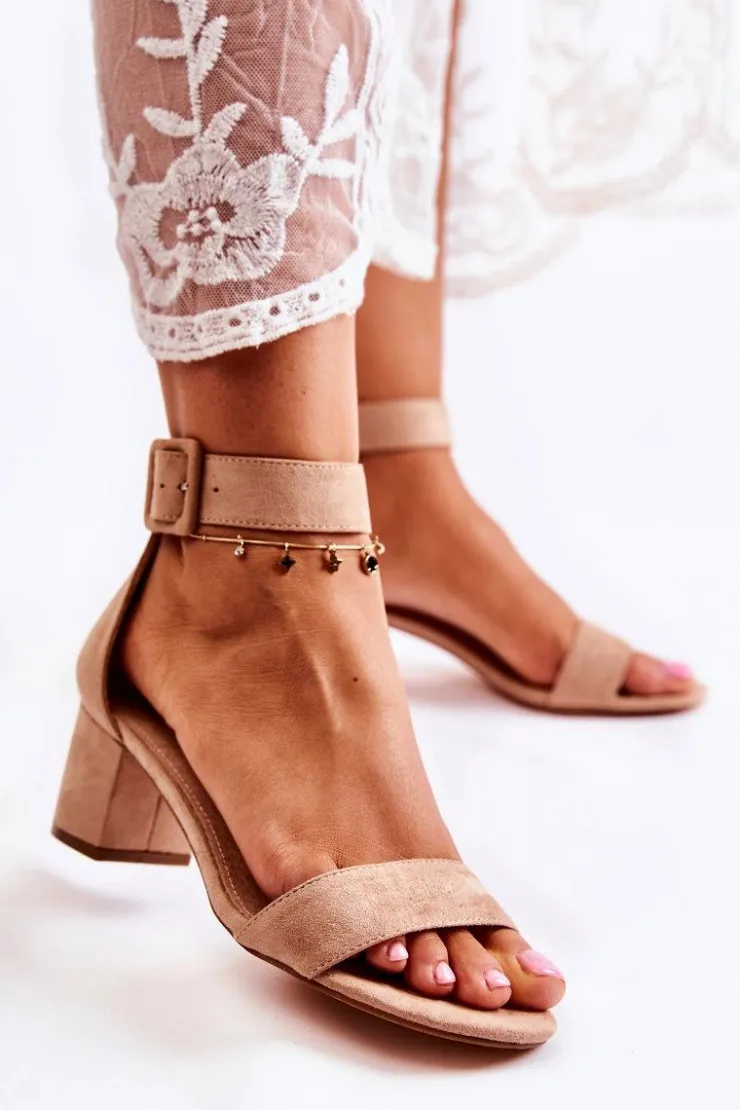 Damskie buty S.Barski Sandały Na Obcasie*Zamszowe Sandały Na Niskim Słupku Beżowe Graciell