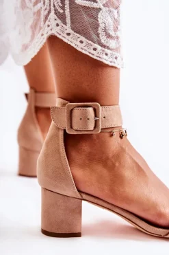 Damskie buty S.Barski Sandały Na Obcasie*Zamszowe Sandały Na Niskim Słupku Beżowe Graciell