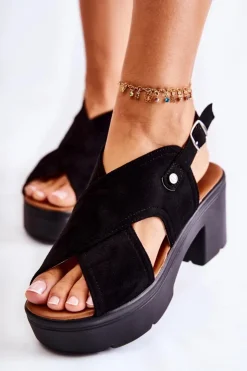 Boto Zamszowe Sandały Na Obcasie Czarne Arlena