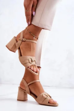 Damskie buty S.Barski Sandały Na Obcasie*Zamszowe Sandały Na Obcasie Z Ozdobą Beżowe Darlen