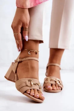 Damskie buty S.Barski Sandały Na Obcasie*Zamszowe Sandały Na Obcasie Z Ozdobą Beżowe Darlen