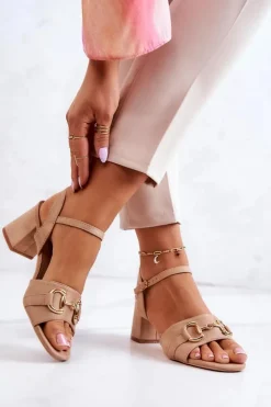 Damskie buty S.Barski Sandały Na Obcasie*Zamszowe Sandały Na Obcasie Z Ozdobą Beżowe Darlen