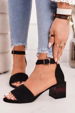 Clearance Laura Messi Zamszowe Sandały Na Obcasie 2285 Czarne