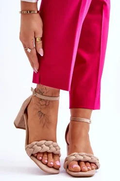 Damskie Boto Zamszowe Sandały Na Obcasie Z Ozdobnym Warkocze Beżowe Azela