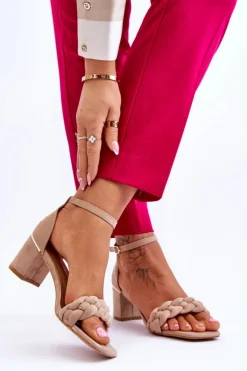 Damskie Boto Zamszowe Sandały Na Obcasie Z Ozdobnym Warkocze Beżowe Azela