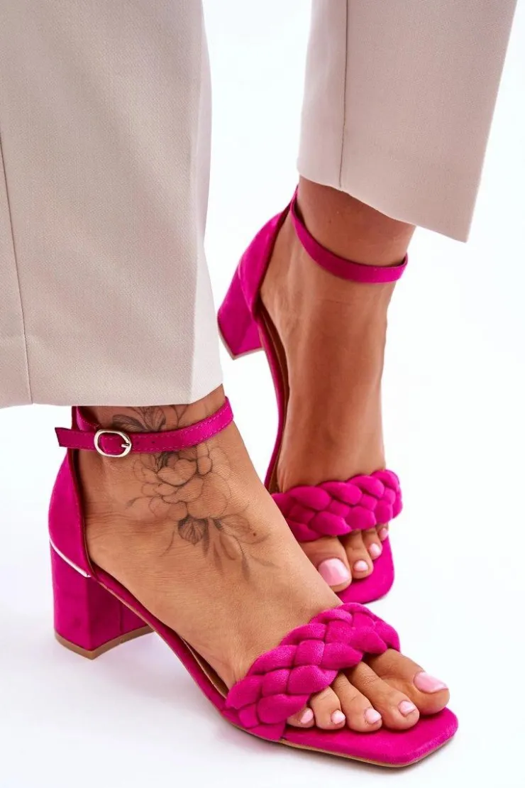Boto Zamszowe Sandały Na Obcasie Z Ozdobnym Warkocze Fuksja Azela