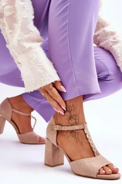 Buty damskie Vinceza Sandały Na Obcasie*Zamszowe Sandały Na Obcasie Z Cyrkoniami Beżowe Aniya