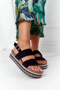 Damskie Boto Zamszowe Sandały Na Platformie Czarne Olimpia