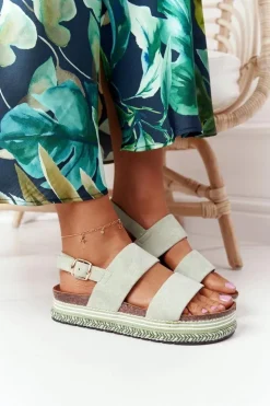 Boto Sandały Płaskie*Zamszowe Sandały Na Platformie Zielone Olimpia