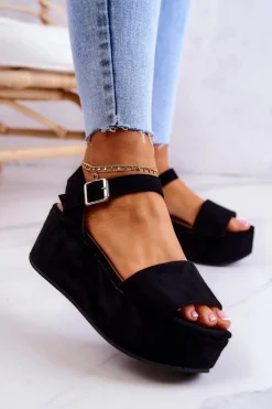 Damskie Boto Zamszowe Sandały Na Platformie Czarne Stamford