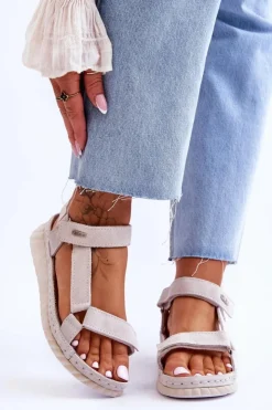 Big Star Shoes Sandały Big Star|Sandały Na Koturnie*Zamszowe Sandały Na Rzep Big Star LL276014 Białe