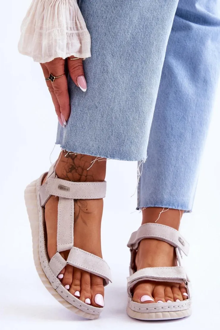 Big Star Shoes Sandały Big Star|Sandały Na Koturnie*Zamszowe Sandały Na Rzep Big Star LL276014 Białe