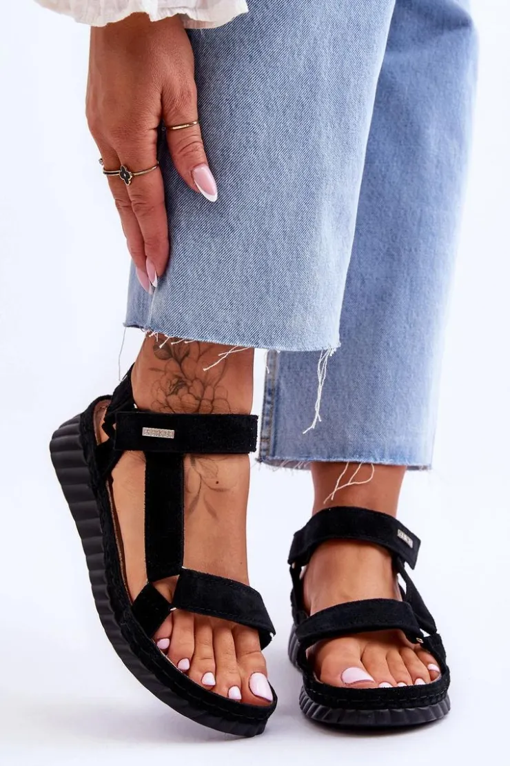 Big Star Shoes Sandały Big Star|Sandały Na Koturnie*Zamszowe Sandały Na Rzep Big Star LL276011 Czarne