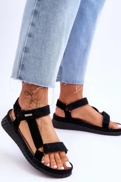 Big Star Shoes Sandały Big Star|Sandały Na Koturnie*Zamszowe Sandały Na Rzep Big Star LL276011 Czarne