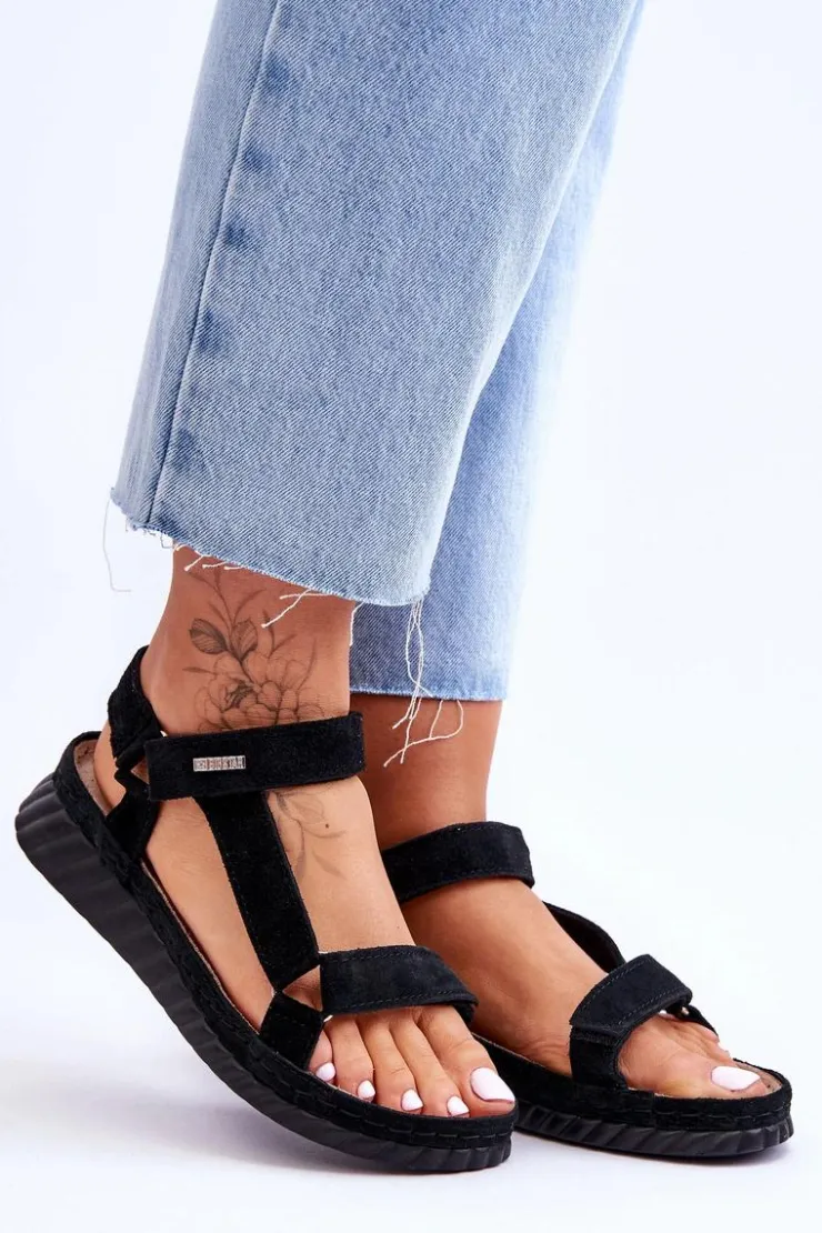 Big Star Shoes Sandały Big Star|Sandały Na Koturnie*Zamszowe Sandały Na Rzep Big Star LL276011 Czarne