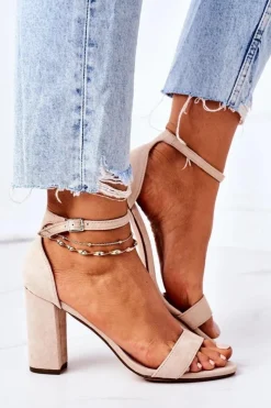 Damskie Boto Zamszowe Sandały Na Słupku Beżowe Florence