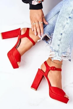 Boto Sandały Na Obcasie*Zamszowe Sandały Na Słupku Czerwone Camilia